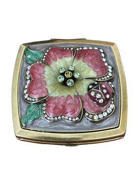 Alexander Kalifano Gold Flower Ladybug Compact Mirror Crystals & Enamel Design